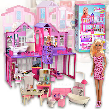 Іграшковий 2-х поверховий ляльковий будиночок 85x70x39.5 см з меблями та лялькою 29 см Defa 8440-BF Рожевий