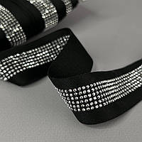 Лампасна тасьма трикотажна 3 см - чорна зі стразами срібло