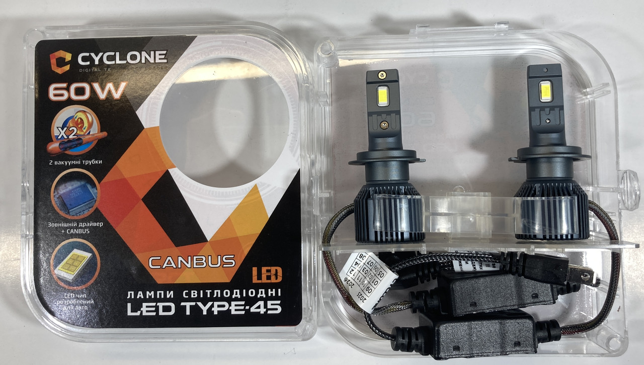 Лампа світлодіодна автомобільна H7 LED пара 2шт 12V 60W Type 45 6000K 12000L CAN BUS Cyclone, фото 1