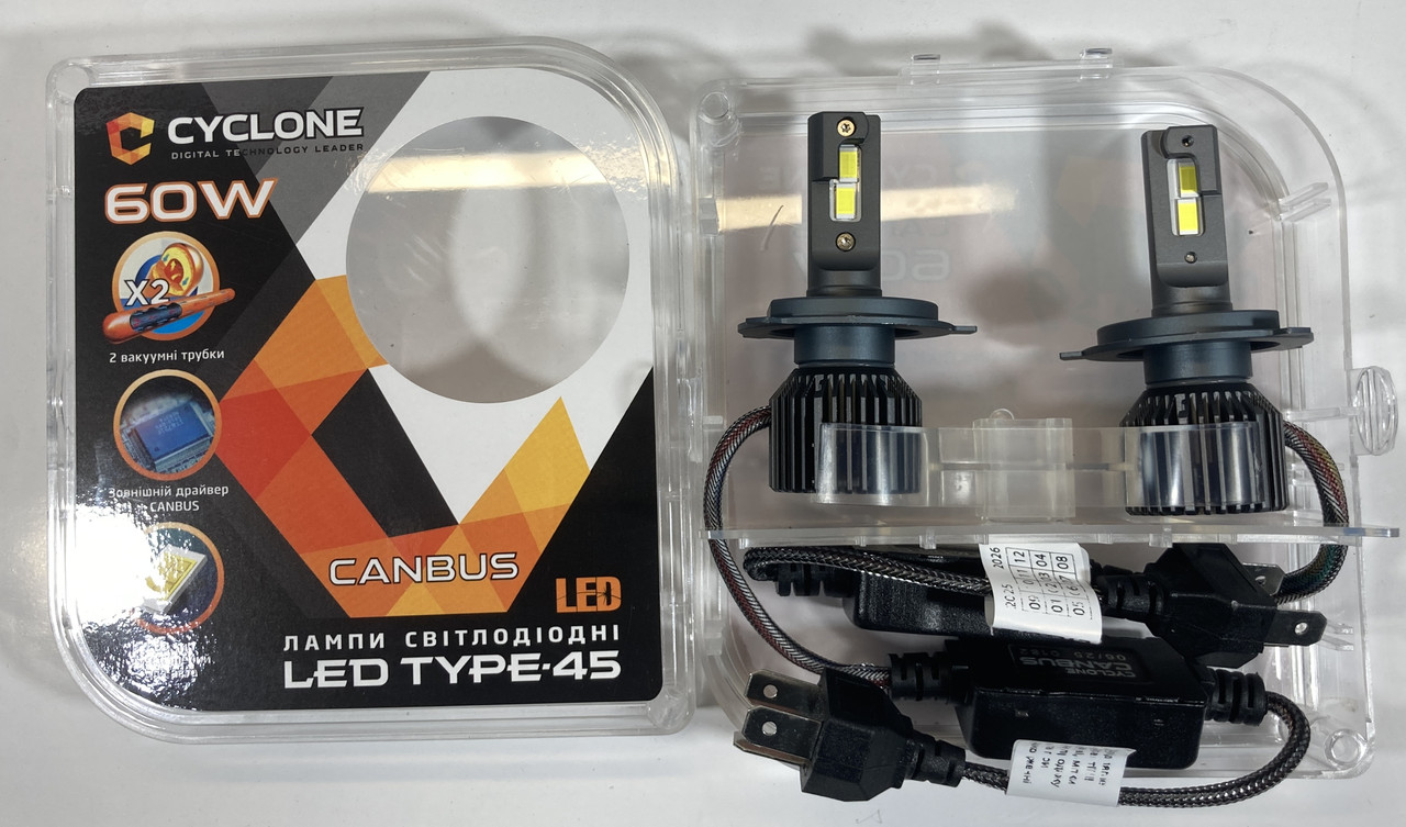 Лампа світлодіодна комплект 2шт H4 LED 12V 60W 45 6000K 12000L CAN BUS Cyclone, фото 1