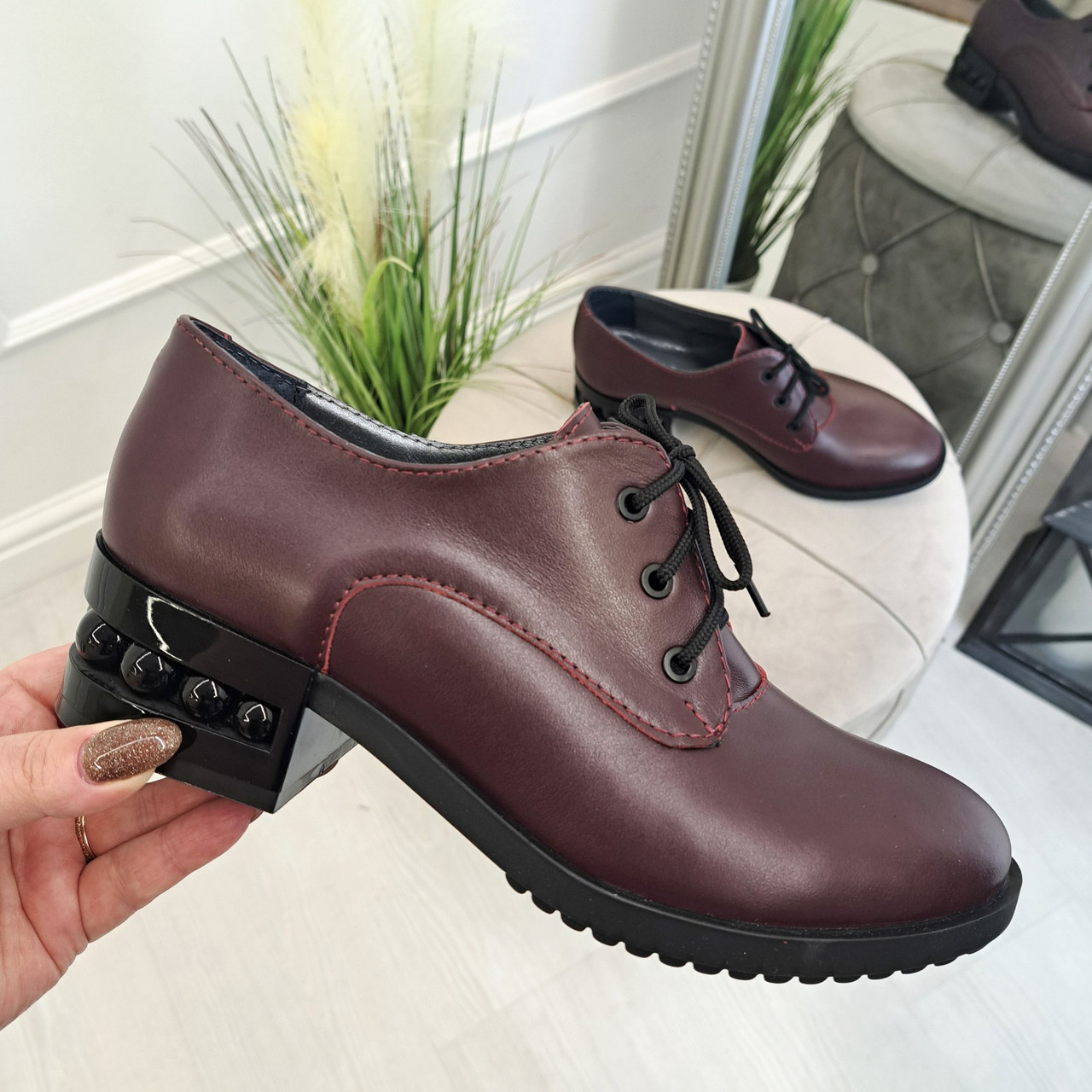 Туфлі жіночі шкіряні на шнурівці. Колір бордовий, фото 1