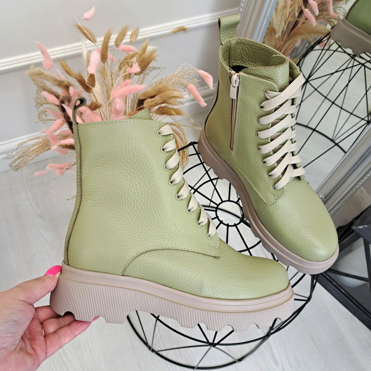 Черевики жіночі на шнурівці. Колір оливка, фото 1