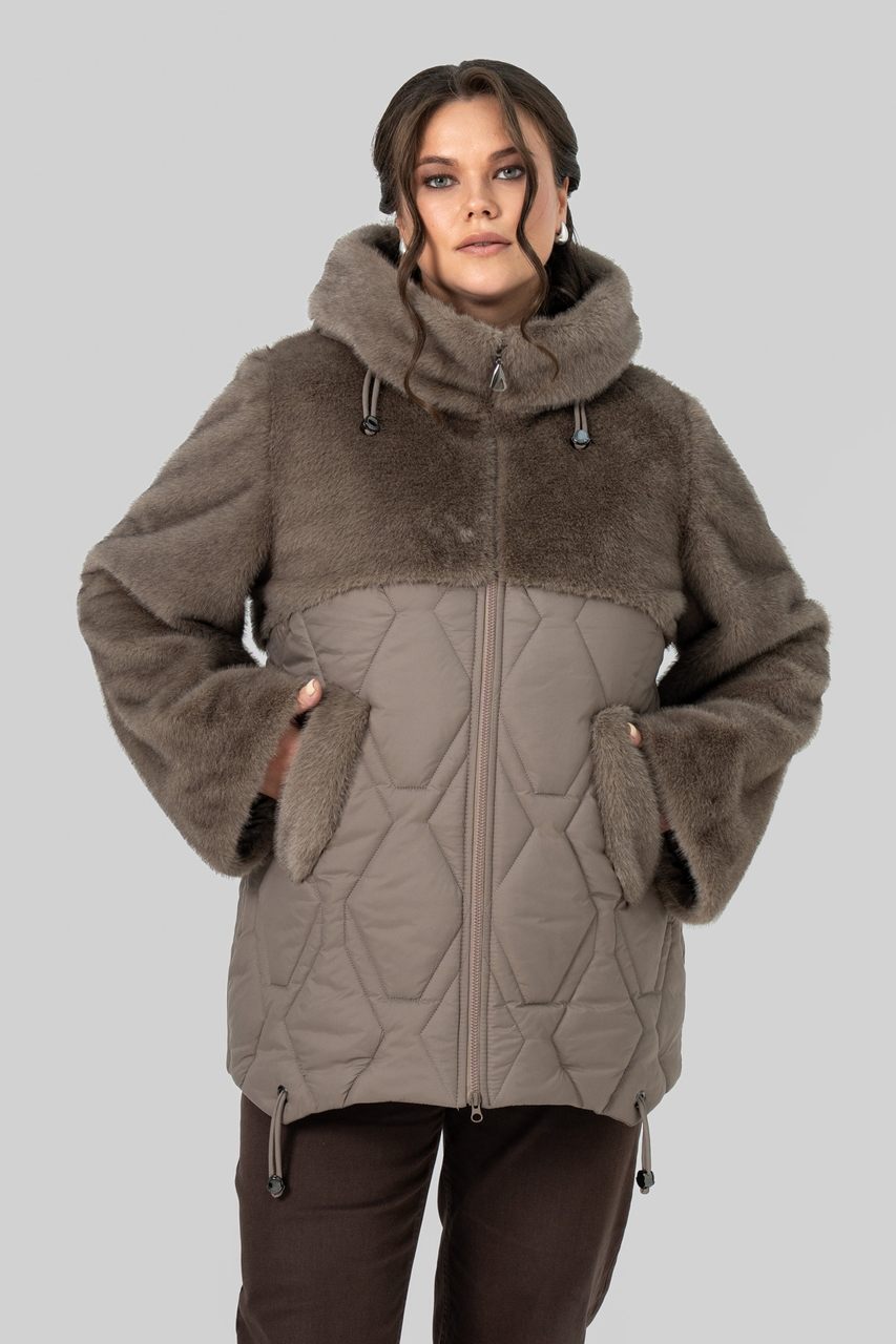 Жіноча комбінована шуба зі штучного хутра та стьобаної тканини з капюшоном у кольорі капучіно Шанталь, фото 1