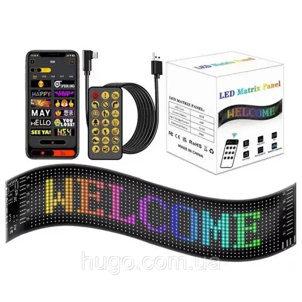 Світлодіодна гнучка панель для авто з USB пультом 38х8, 5см / Гнучкий екран з анімацією / LED панель в машину, фото 1