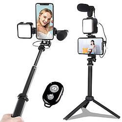 Штатив-монопод AY-49Z з мікрофоном та підсвічуванням для телефону / Селфі палиця / Трипод для телефону