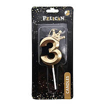 Свічка-цифра "3" на паличці з короною 3D темне золото 6 см