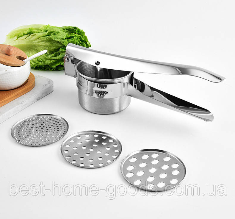 Пресс для пюре з нержавіючої сталі 10×10×27 см | 3 змінні насадки Ø9 см | кухонний інструмент ручний, фото 1