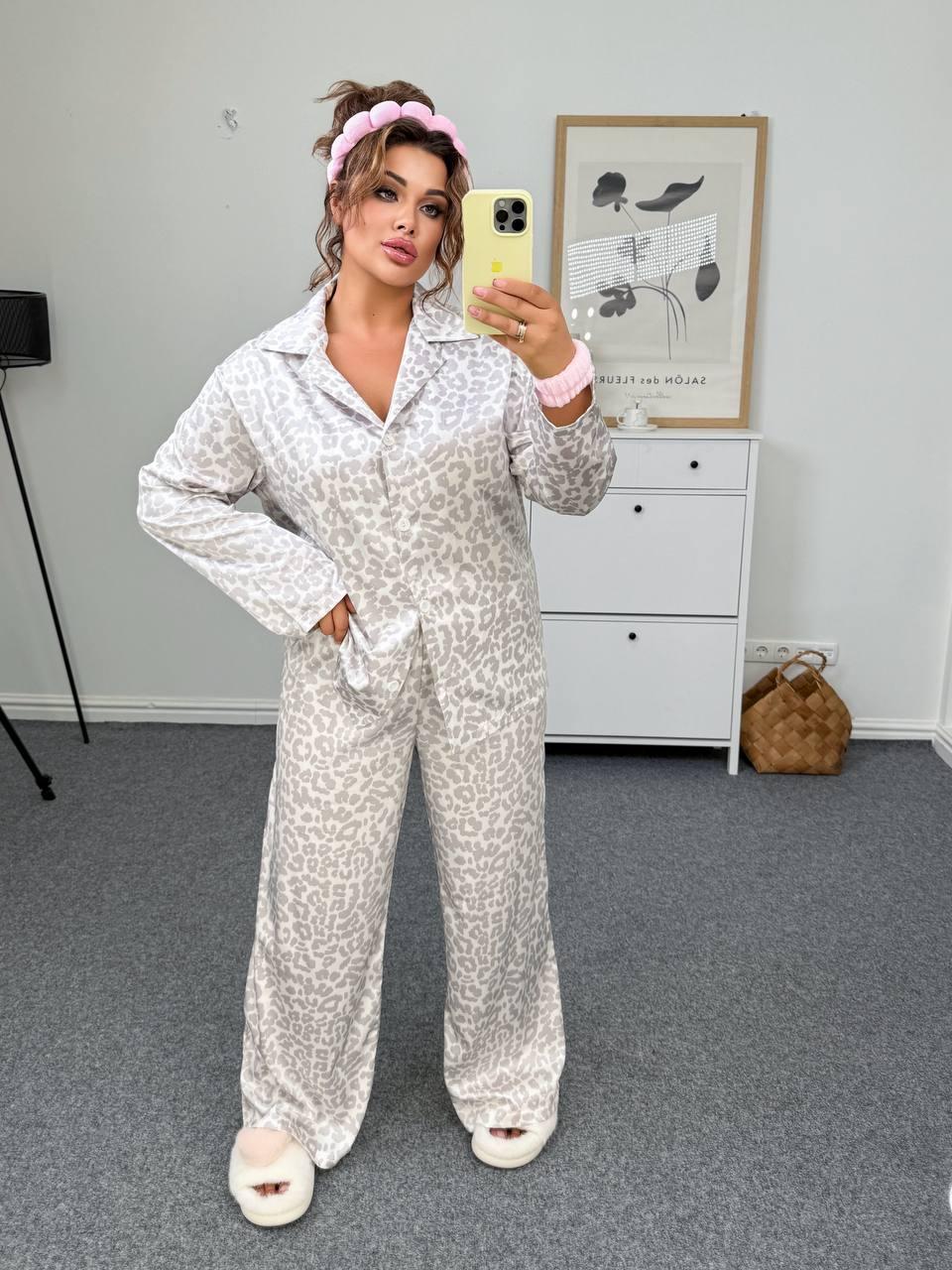 Шовкова жіноча піжама: сорочка та штани великого розміру Розміри: 48-50, 52-54, 56-58, 60-62