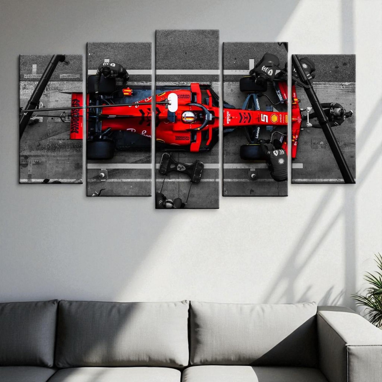 Велика картина на холсті Червоний гоночний автомобіль Формула-1 Піт-стоп болід 125х70 з 5 частин, фото 1