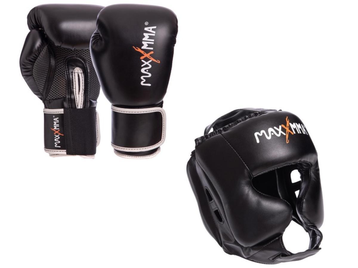 Боксерський набір MaxxMMA + Рукавички для боксу GBH01 12 уніцій + шолом для боксу MaxxMMA GB01s L-XL