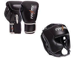 Боксерський набір MaxxMMA + Рукавички для боксу GBH01 12 уніцій + шолом для боксу MaxxMMA GB01s L-XL