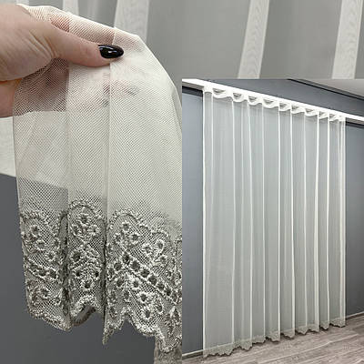 Тюль "Грек-сітка" з вишивкою та люрексом. Колір молочний з сірим. Код 1829т