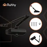 Дверний доводчик RUHHY 26782 з важелем 40–65 кг, універсальний, чорний, фото 3
