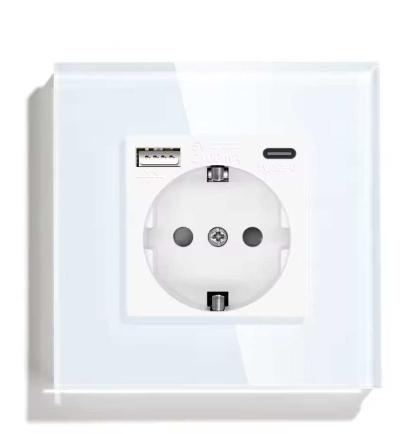 Розетка із заземленням NYWP з USB і Type C зі скляною панеллю біла
