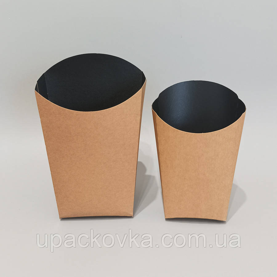 Упаковка з паперу для картоплі фрі Середня КРАФТ/ЧОРНИЙ 1РЕ 145*95*43мм. 50шт/уп, фото 1