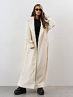 Молочное демисезонное кашемировое пальто макси на запах с разрезами