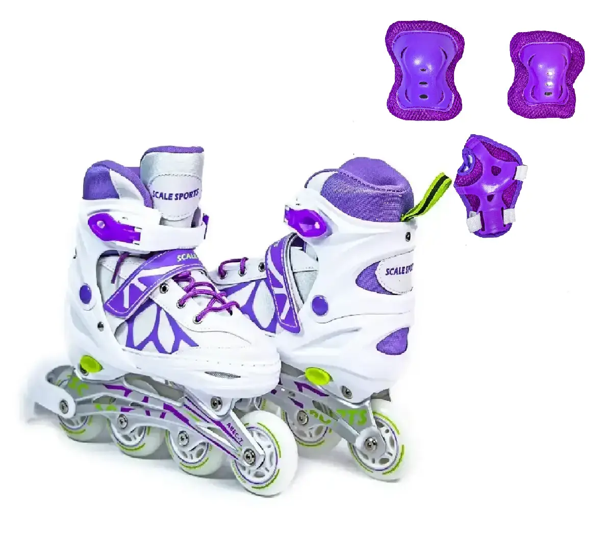 Дитячі ролики Scale Sports + ЗАХИСТ (на коліна, лікті та долоні). Біло-фіолетові. Розмір 29-33
