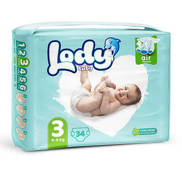 Підгузки дитячі дихаючі LODY AIR MIDI р.3 (4-9 кг) 34 шт/уп.
