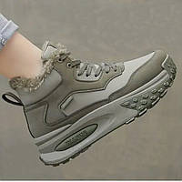 Кросівки хайтопи жіночі зимові оливкові на сірій підошві на хутрі