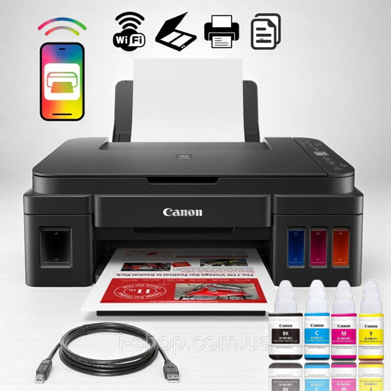 Багатофункціональний принтер Canon кольоровий струменевий БФП з СБПЧ для домашнього користування Pixma G3410 з WiFi, фото 1
