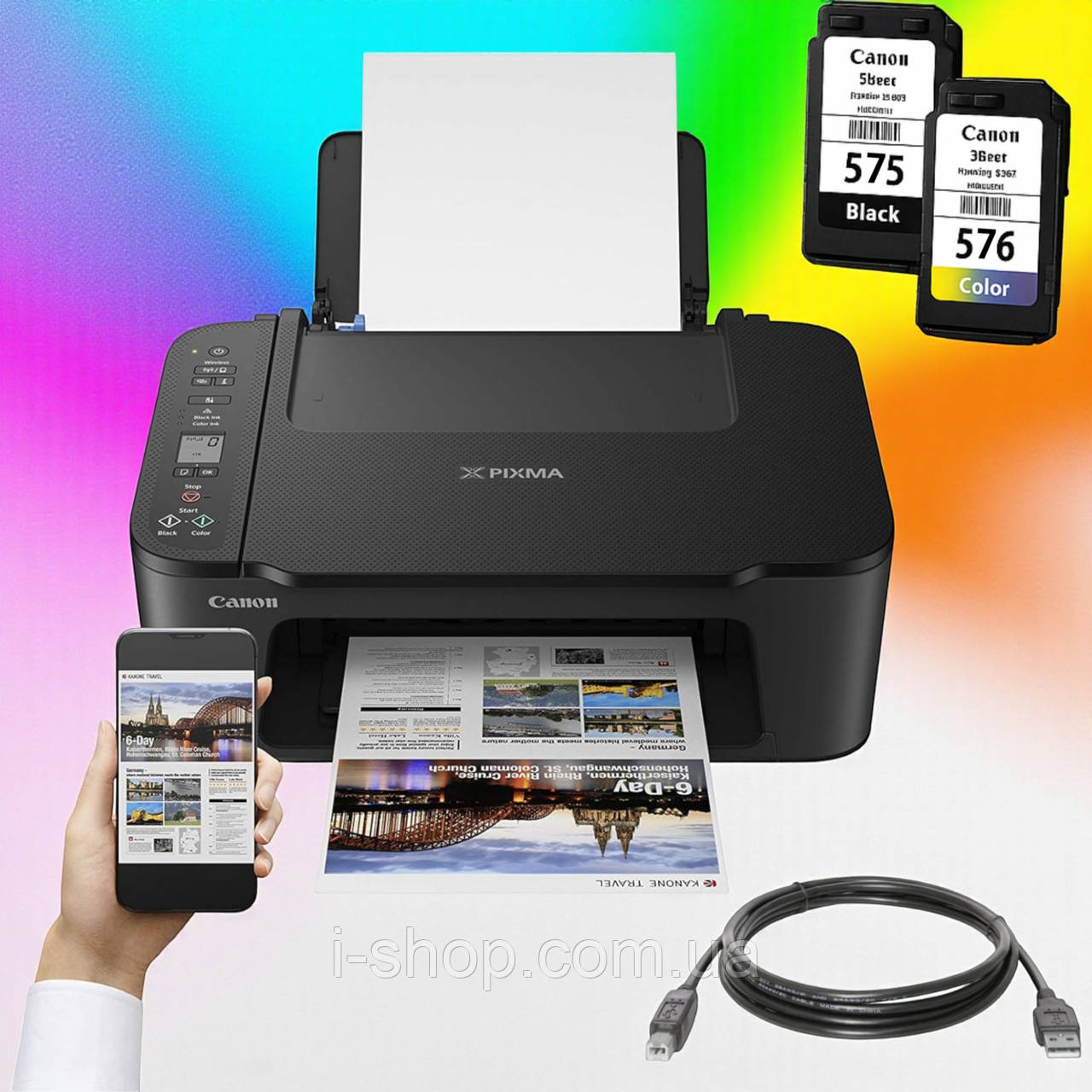 Струменевий кольоровий принтер-сканер-копір з Wi-Fi БФП для дому і навчання Canon Pixma TS3750i, фото 1