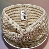 Тепла пов'язка на голову молочно-вершкова розшита бисером Kuzya Production, фото 2