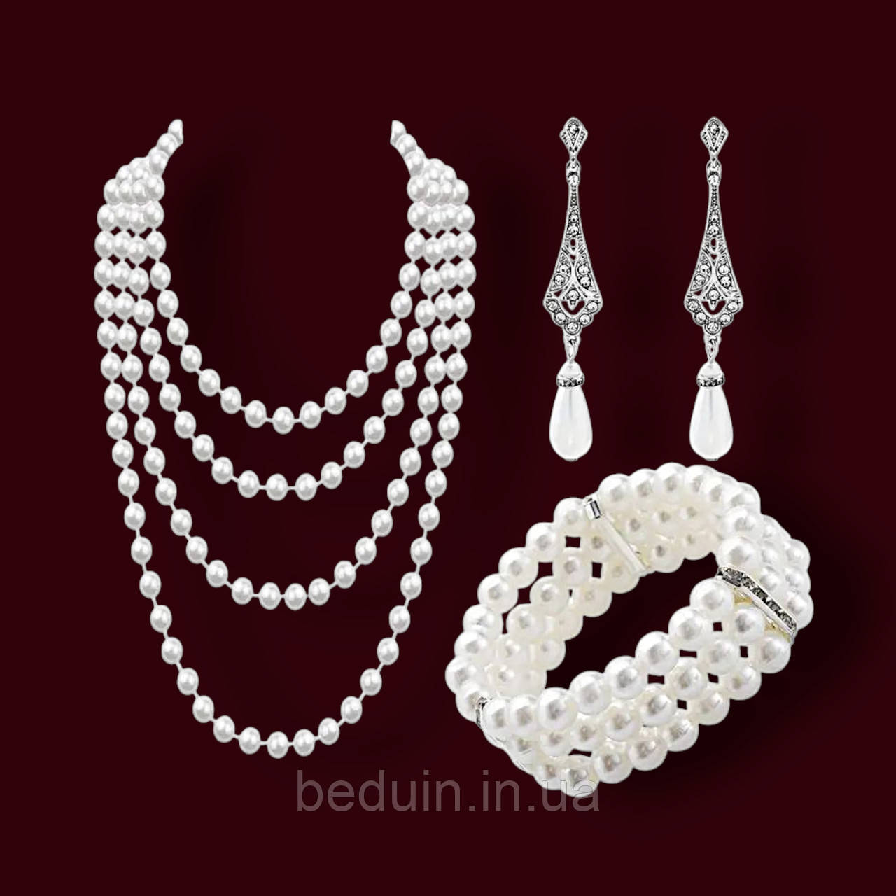 Набір прикрас, аксесуарів в стилі гетсбі: намисто, браслет, сережки - сріблясті Aushal Jewellery