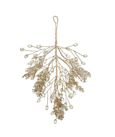 Декоративна підвіска з хвої та акрилових крапель 25см Білий зі золотим гліттером, фото 1