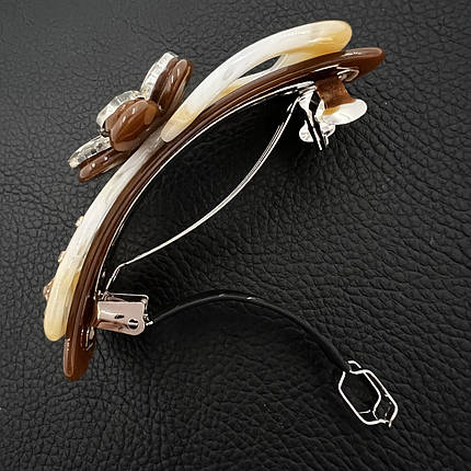 Заколка автомат для волос в виде банта с цветочком оранжевого цвета с камушками длина 8 см ширина 4 см, фото 2