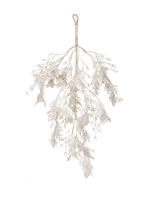 Декоративна підвіска з хвої та акрилових крапель 42см Білий з гліттером шампань