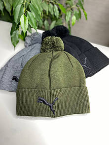 Зимова шапка PUMA унісекс із помпоном на флісі оливка чорний сірий