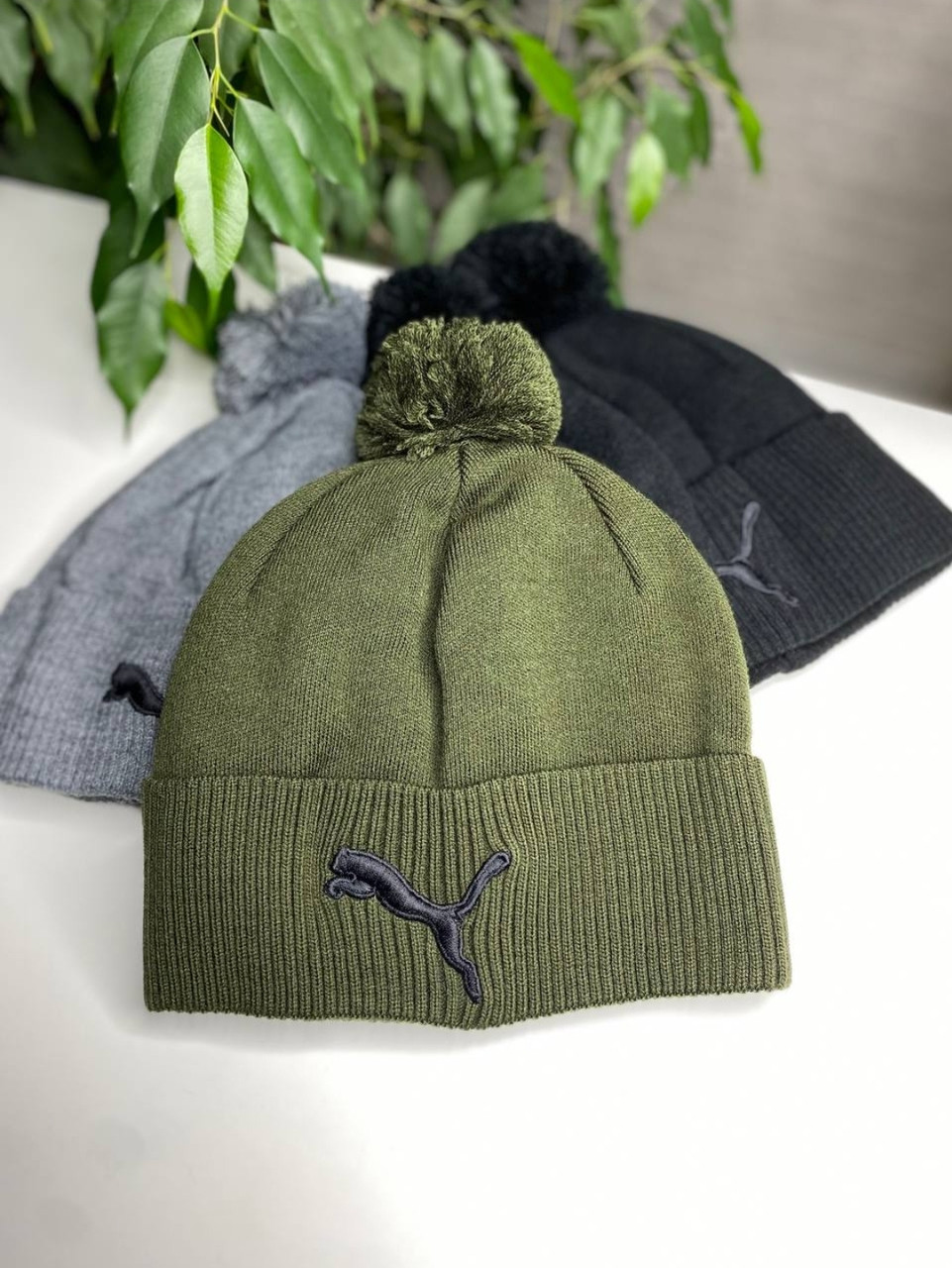 Зимова шапка PUMA унісекс з помпоном на флісі оливка чорний сірий Сірий, фото 1