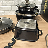 Набір квадратних кастрюль і сковорода 8 в 1 мармурове антипригарне покриття з прозорими кришками для приготування їжі, фото 2