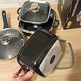 Набір квадратних кастрюль і сковорода 8 в 1 мармурове антипригарне покриття з прозорими кришками для приготування їжі, фото 3