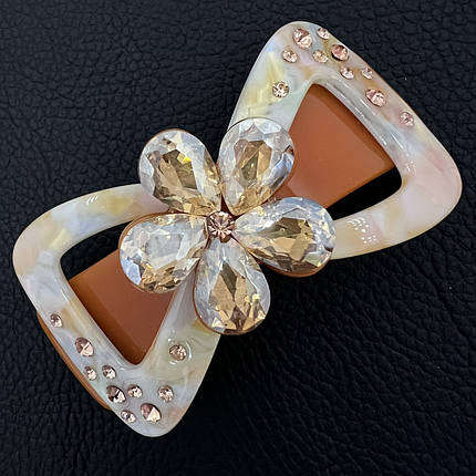 Заколка автомат для волос в виде банта с цветочком оранжевого цвета с камушками длина 8 см ширина 4 см, фото 1