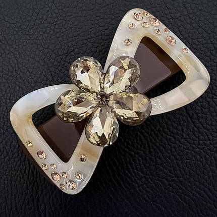 Заколка автомат для волос в виде банта с цветочком коричневого цвета с камушками длина 8 см ширина 4 см, фото 1