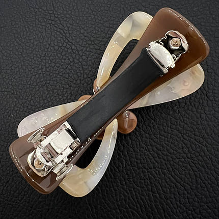 Заколка автомат для волос в виде банта с цветочком коричневого цвета с камушками длина 8 см ширина 4 см, фото 3