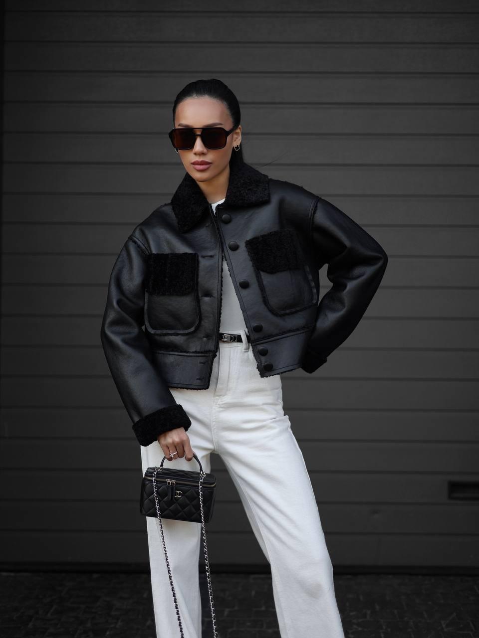 Жіноча укорочена екодубленка з хутром тедді, фото 1