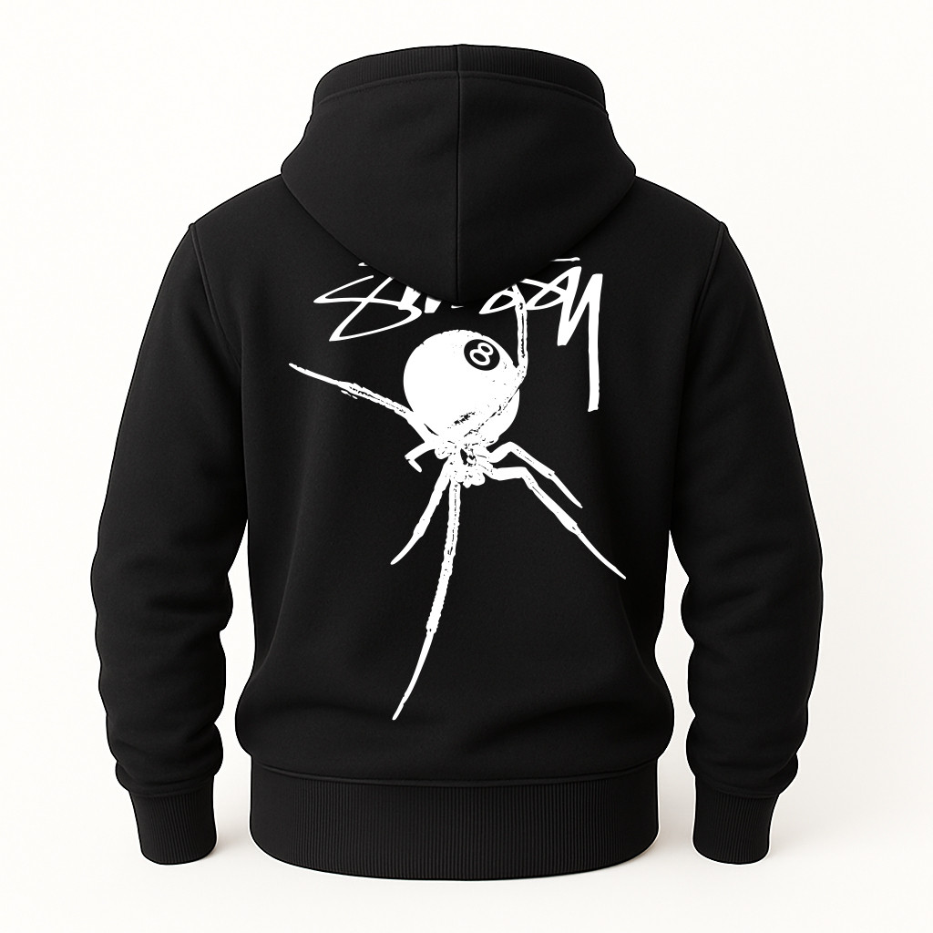 Худі Stussy чорна тепла м’яка якісна на флісі з принтом Spider 8 Ball, фото 1