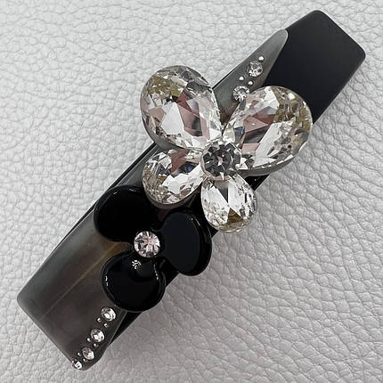 Заколка автомат для волос с цветочком и бабочкой черно серого цвета с стразами длина 8 см ширина 1.5 см, фото 1
