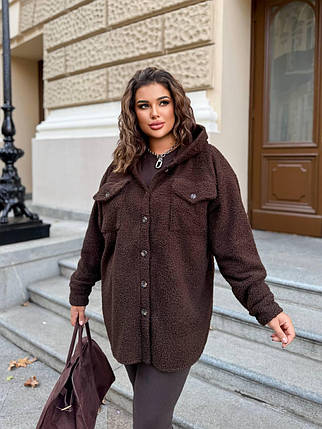 Стильна тепла сорочка з капюшоном на ґудзиках з баранчику на флісі ( верхній одяг ) Розміри: 50-52, 54-56, 58-60, фото 1