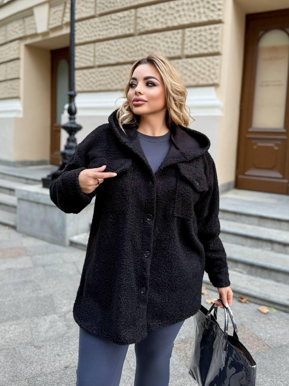 Стильна тепла сорочка з капюшоном на ґудзиках з баранчику на флісі ( верхній одяг ) Розміри: 50-52, 54-56, 58-60