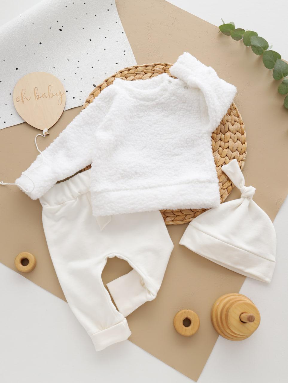 Теплий комплект для малюка з тканини тедді та штанці футер начос (кофточка+штанці+шапочка), фото 1