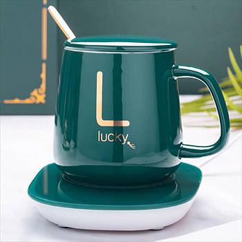 Чашка 400мл на підставці з підігрівом до +55 °С, від мережі, Зелений / Керамічний кухоль з підігрівом