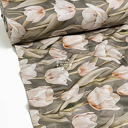 Сатин digital шириною 240 см "Пудрові тюльпани на сірому тлі" (№5761)