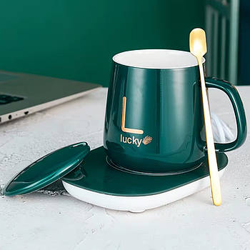 Чашка 400мл на підставці з підігрівом до + 55 °С, від мережі, Зелений / Керамічна чашка з кришкою та ложкою