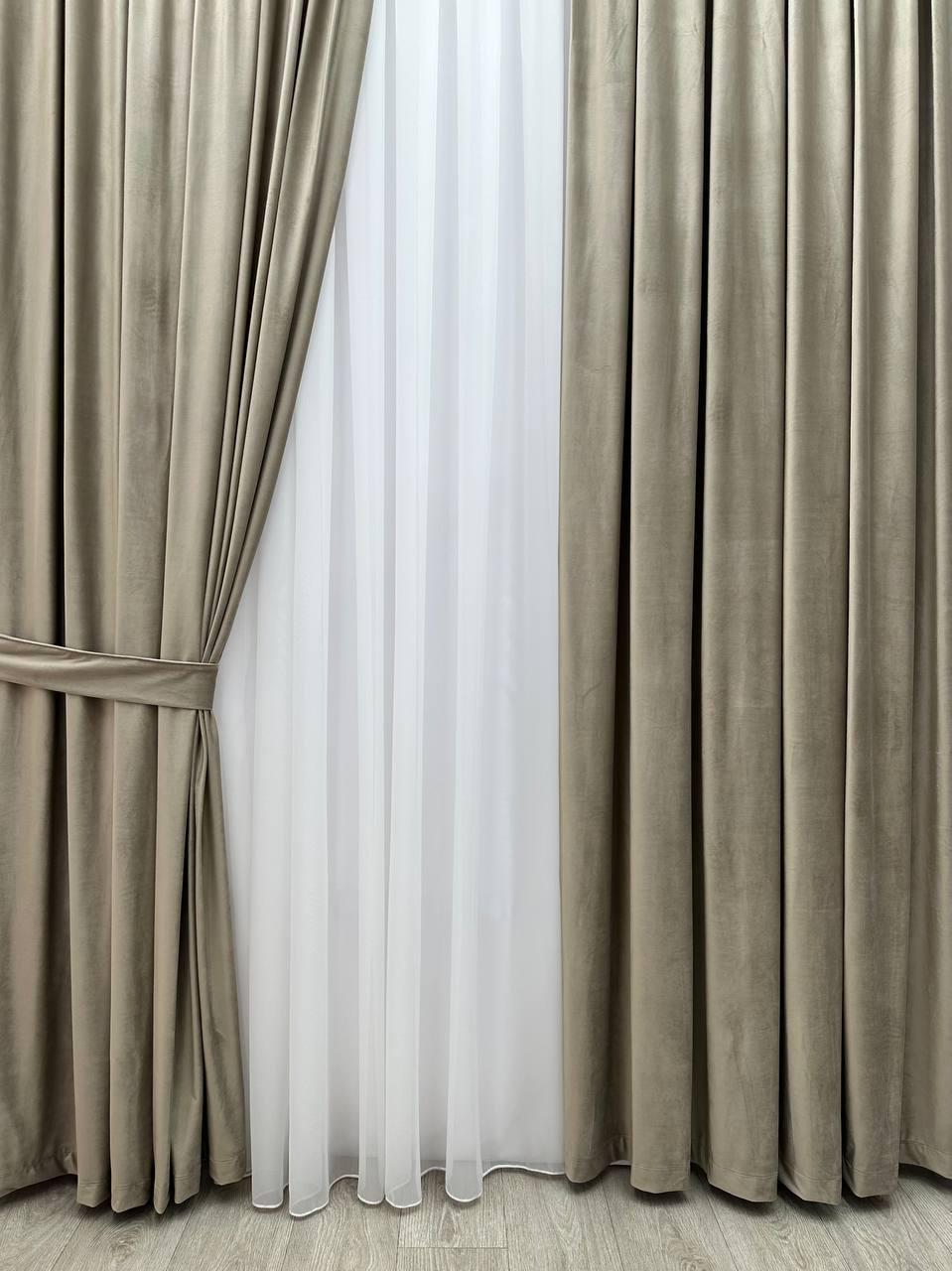 Оксамитові(велюрові) однотонні штори турецької якості. Колір: сіро-бежевий, фото 1
