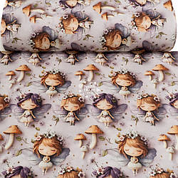 Ранфорс digital 5D завширшки 240 см "Сплячі феї і гриби на ліловому тлі", №5760