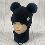 М 89077 Комплект для дівчинки: шапка з помпонами і вушками  "2 серця" і баф, 2-6 років, різні кольори, фото 4