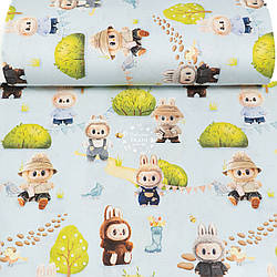 Ранфорс digital з цифровим друком "Монстрики і дерева" на блакитному тлі, №5758